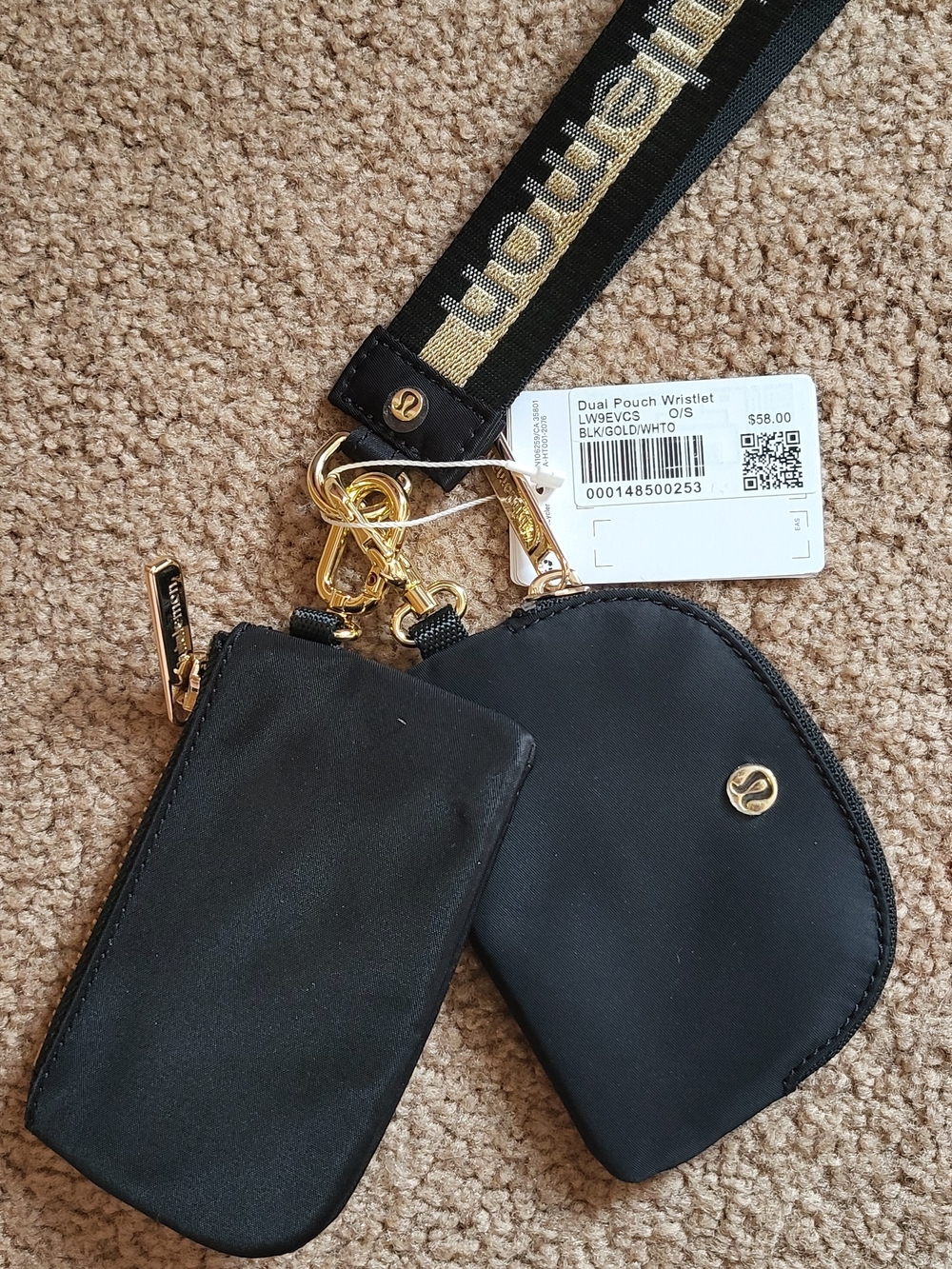 lululemon athletica Black Dual Pouch Wristlet with Gold Hardware